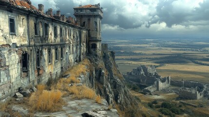A dilapidated castle perched atop a cliff overlooking a vast, desolate landscape.