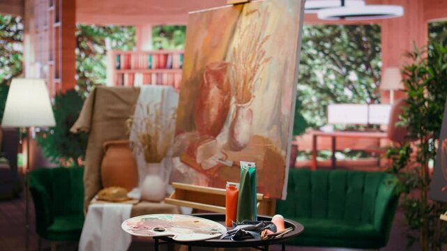 Vertical Video Decorations used for a painting inspiration and creativity placed in fine art gallery atelier, contemporary objects used as model for a painting technique. Empty workshop with artistic