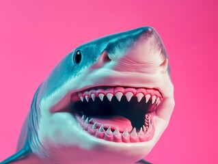 A realistic looking shark with an open mouth and sharp teeth stands against a vibrant pink backdrop.