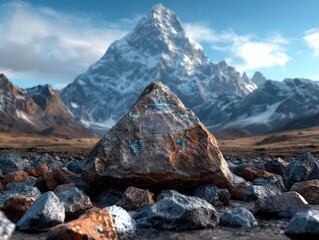 A futuristic rock with digital blue interface screens layered over it, set against a backdrop of a majestic mountain landscape under a blue sky with white clouds.