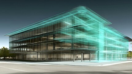 Obraz premium A modern glass office building with a glowing blue digital overlay.