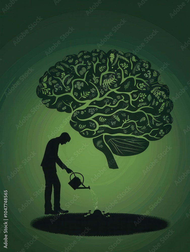 Aufkleber A silhouetted figure waters a tree that resembles a brain, representing the nurturing of intellect and creativity in a calming setting. Generative AI
