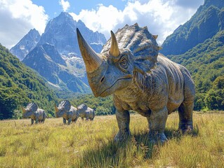 Fototapeta premium Realistic Photo Render of a Herd of Triceratops in an Open Field Surrounded by Mountains and Lush Green Trees
