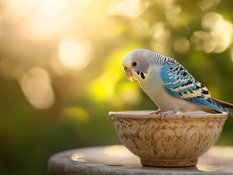 A blue parakeet perches on a decorative bowl, with soft sunlight highlighting its vibrant feathers.