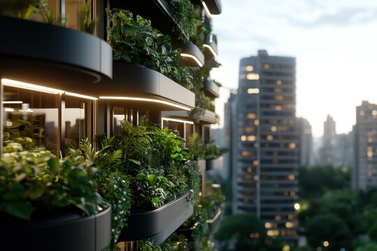 Detailed view of building's balconies featuring rich plant life, representing contemporary environmental design, emphasizing the blend of urban life with nature.