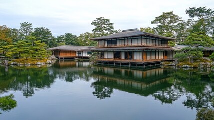 Obraz premium Tranquil Japanese Garden with Traditional Wooden Houses and Reflections in Calm Pond Water