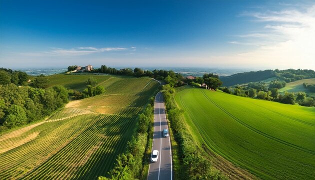 aerial drone view of two cars driving along a country road spinetta marengo piedmont italy