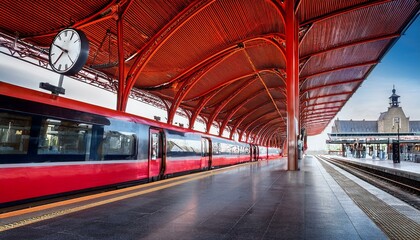 antwerp belgium central indoor railway station platform made of red metal constructions with clock and panel with departure or arrival schedule modern double decker high speed train