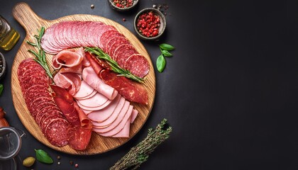 assortment of cold meats products ham sausage salami parma prosciutto bacon on wooden cutting board with herb and spices over dark background meat appetizer set of soda top view toning