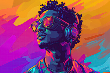 A colorful 2d illustration of a young African American man with headphones and sunglasses with a yellow, purple and blue colored background.
