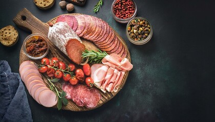 assortment of cold meats products ham sausage salami parma prosciutto bacon on wooden cutting board with herb and spices over dark background meat appetizer set of soda top view toning