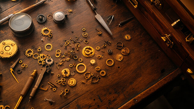 Clockmaker s Workshop   Vintage Watch Parts and Tools on Wooden Table