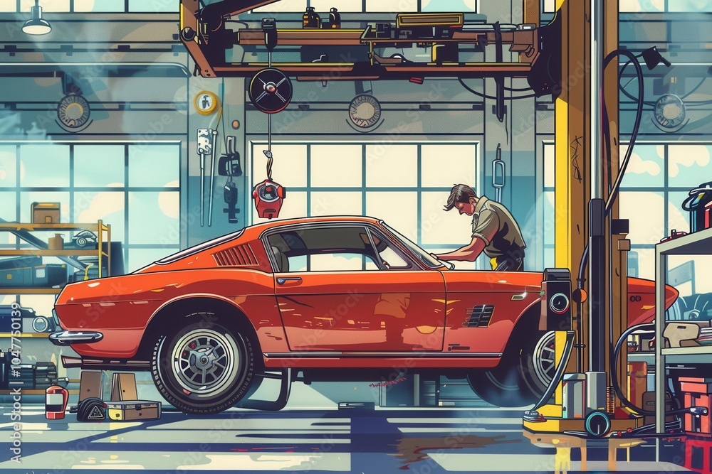 Poster a skilled mechanic carefully examines the underside of a vintage car elevated on a hoist in a well-l