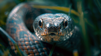 A snake is coiled comfortably in lush green grass, showcasing its distinctive scales and detailed features under the warm sunlight of the day - Generative AI