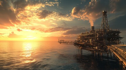 Obraz premium the massive drill and complex machinery on an offshore oil rig, with ocean waves reflecting the morning light, petroleum industry