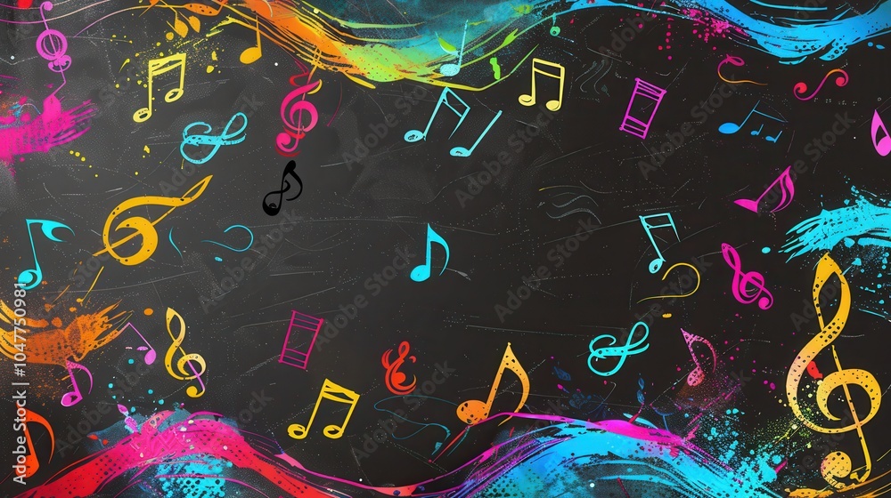 Aufkleber a chalkboard displays an artistic blend of colorful brushstrokes and musical notes, creating an enga