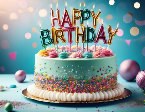 birthday cake with happy birthday lettering and sprinkles