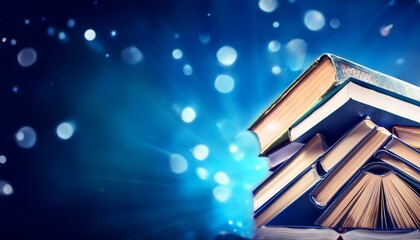 books piled on top of each other with a blurred glowing blue background