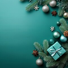 christmas and new year turquoise background with holiday decoration