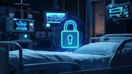Obraz premium Hospital Bed with Digital Security Lock Icon Medical Privacy and Data Protection