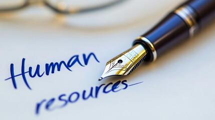 Fototapeta premium Fountain Pen and Human Resources Handwriting on White Paper