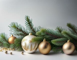 christmas still life with christmas decorations baubles and fir branches on light background winter or christmas festive concept