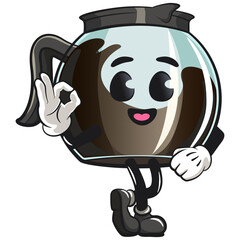 cool glass coffee pot cartoon mascot character vector illustration dancing while giving the okay sign, work of hand drawn