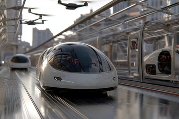 Obraz premium Autonomous transport nexus: A futuristic city hub featuring flying drones and self-driving cars against a backdrop of sleek skyscrapers and innovative urban design.