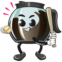 Fototapeta premium cool glass coffee pot cartoon mascot character vector illustration ready to hit with a baseball ball, work of hand drawn