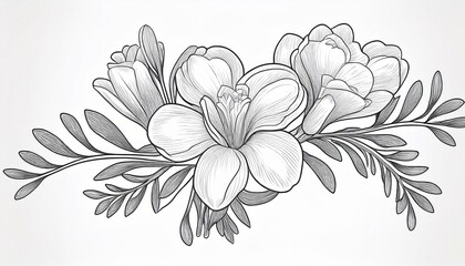 freesia flower line art floral logo hand drawn sketch wild bouquet abstract elegant spring leaves black vintage botanical floral branch  illustration in outline style