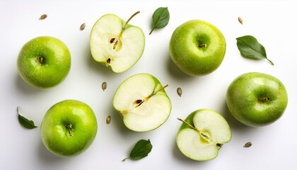 Obraz premium fresh green apples with seeds isolated on white background fruits pattern top view flat lay