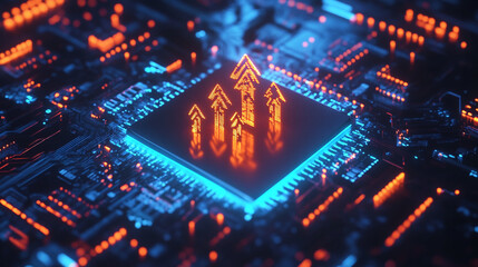 Fototapeta premium Circuit Board with Glowing Upward Arrows Technology Growth Concept