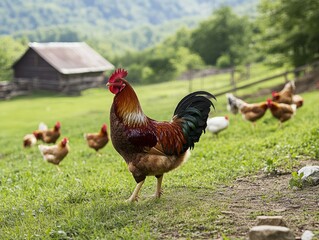 Fototapeta premium A proud rooster strutting in a green farmyard