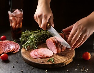 hands cutting cold meat product ham sausage salami parma prosciutto bacon on wooden cutting board with herb and spices over dark background meat appetizer set of soda close up