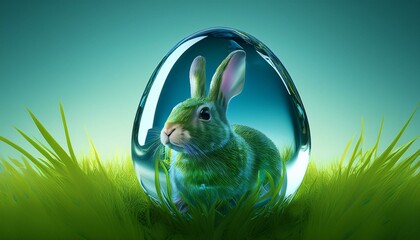 happy easter clear glossy glass egg cool rabbit looking from aside between green grass mixed reality 3d rendering isolated
