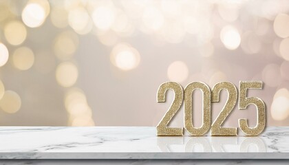 happy new year 2025 on marble table with pale soft bokeh wall banner for display or montage of product for holiday promotion and advertise for online content
