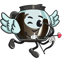 cool glass coffee pot cartoon mascot character vector illustration become a cupid with angel wings and the arrow of love, work of hand drawn