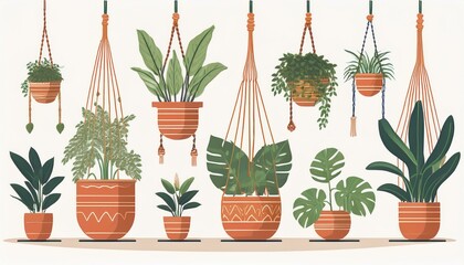 macrame plant in pot set garden house indoor hanger flowerpots hanging macrame home plants for interior decor  flat illustration