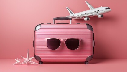 mockup suitcase with sunglasses and model airplane on pink background travel concept 3d rendering
