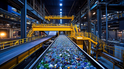 Obraz premium Plastic Recycling Plant Conveyor Belt with Bottles Industrial Production Line