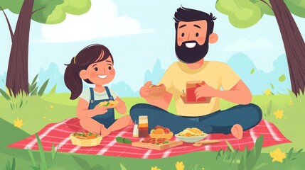 A father and daughter enjoy a picnic lunch together in a park.