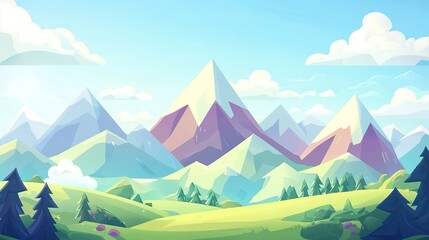 Serene mountain landscape with colorful peaks and lush green meadows under a clear blue sky during a bright day