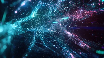 Fototapeta premium A vibrant network of interconnected nodes and pathways glowing brightly in a futuristic digital landscape at nighttime