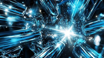 Shattered glass creates an explosion of blue light against a dark background, highlighting dynamic reflections and textures