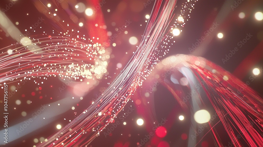 Poster colorful abstract swirls of light and particles create a dynamic visual experience in a vibrant red 