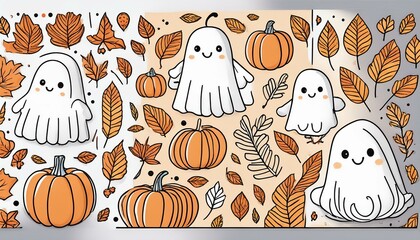 Fototapeta premium set of autumn doodle cards design cute ghost fall elements poster template background fall sketch hand drawn greeting card autumn line art elements holiday invitation outline illustration