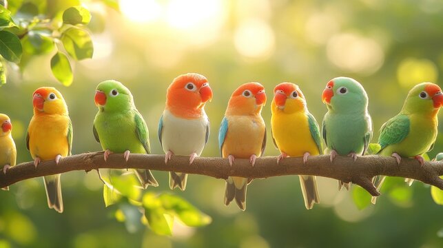 A group of colorful parakeets perching on a branch in a lush green forest.