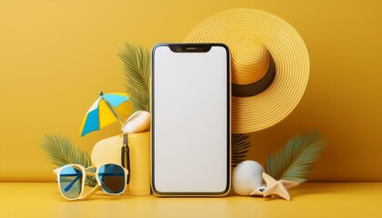 smartphone blank screen with beach accessories on yellow background summer travel vacation concept 3d rendering