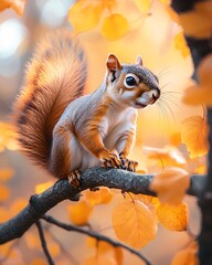 Obraz premium Squirrel on the fall tree branch