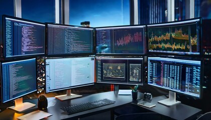 software development office workstation setup with multiple monitors displaying code and development diagrams during a nighttime coding session